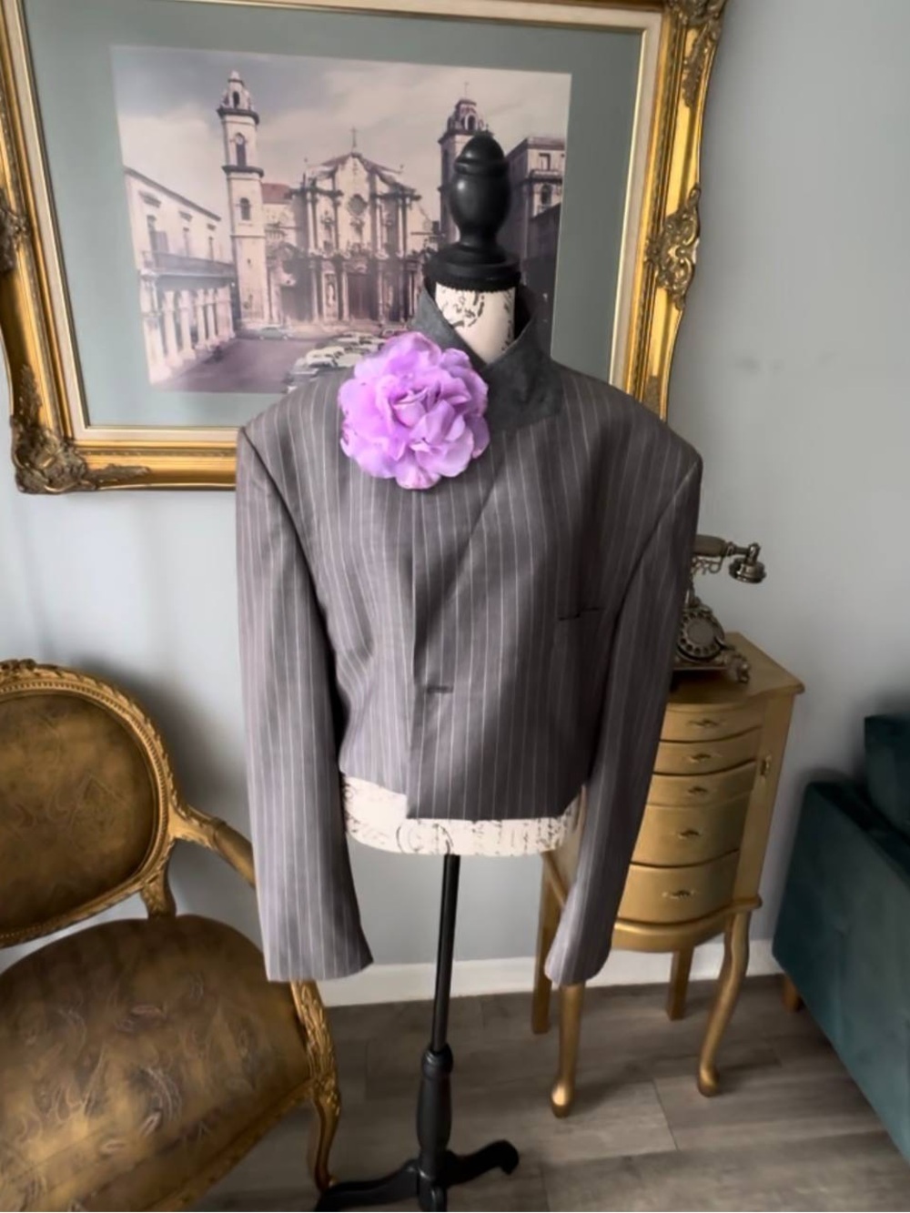 Women's Gray Upcycled cropped Pinstripe Blazer